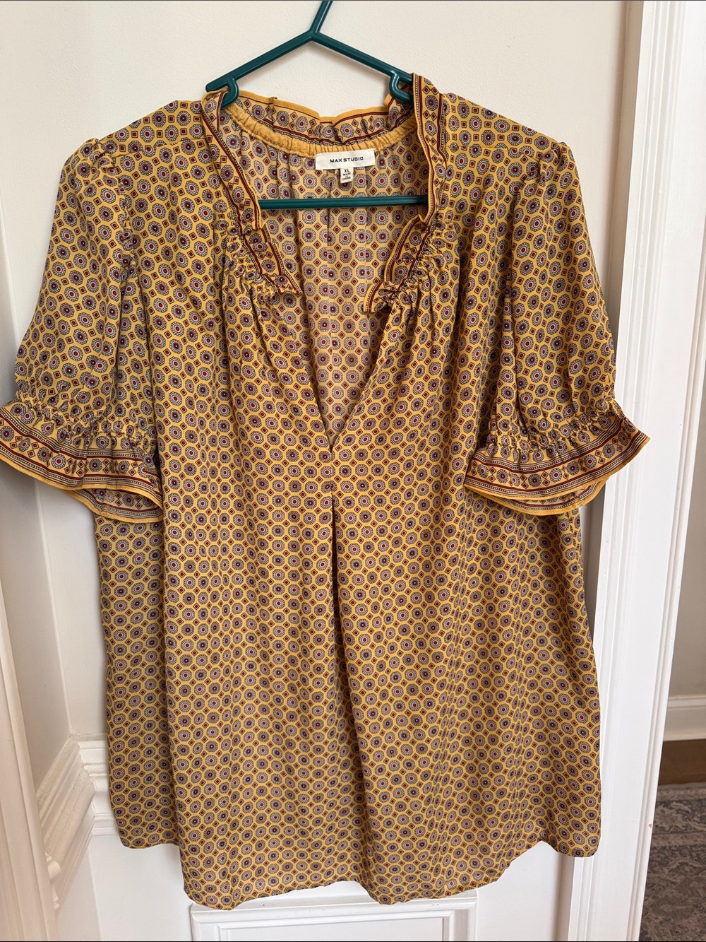 Max Studio Mustard Geo-Print Short Sleeve Dress